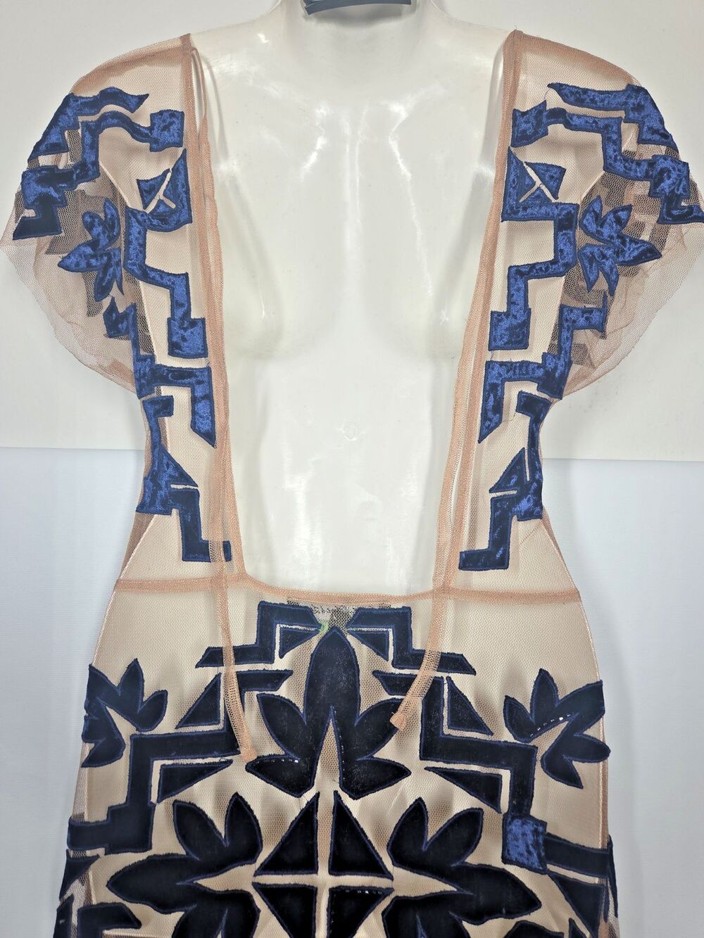 For Love & Lemons Vienna Maxi Dress SMALL Velvet Sheer Mesh Net Blue Open Back * - Picture 7 of 16